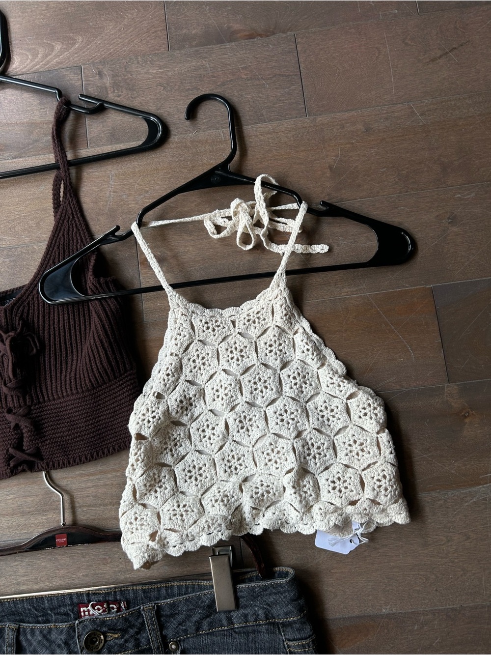 Crochet Hexagon Halter Crop Top — Cream
